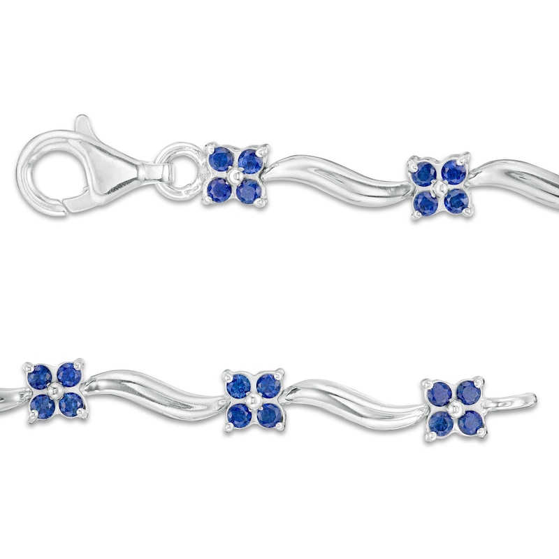 Lab-Created Blue Sapphire Flower and Wave Link Bracelet in Sterling Silver - 7.5"