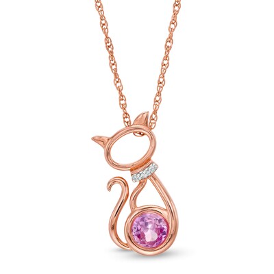 5.0mm Lab-Created Pink and White Sapphire Collar Cat Outline Pendant in Sterling Silver with 14K Rose Gold Plate