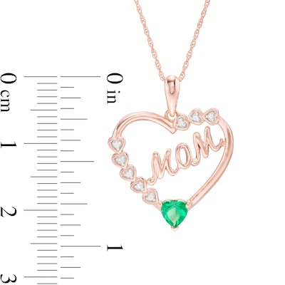 4.0mm Lab-Created Emerald and White Sapphire "MOM" Heart Frame Pendant in Sterling Silver with 14K Rose Gold Plate