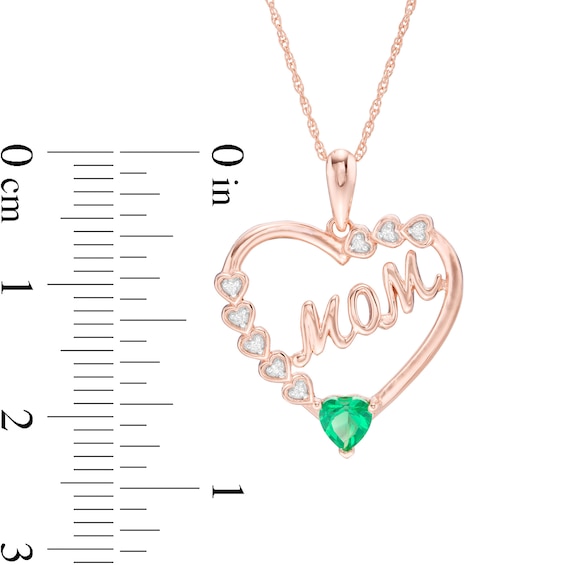 4.0mm Lab-Created Emerald and White Sapphire "MOM" Heart Frame Pendant in Sterling Silver with 14K Rose Gold Plate