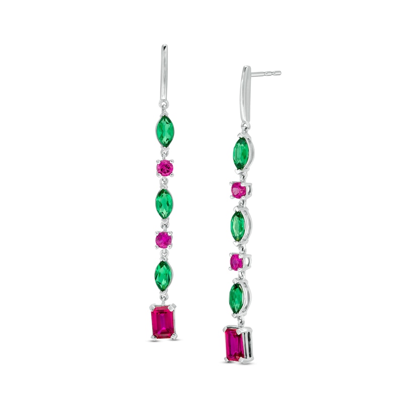 Marquise Lab-Created Emerald and Multi-Shape Ruby Alternating Linear Drop Earrings in Sterling Silver|Peoples Jewellers