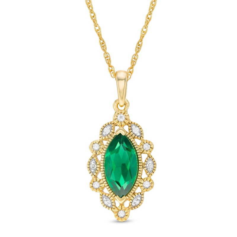Marquise Lab-Created Emerald and White Sapphire Frame Vintage-Style Drop Pendant in Sterling Sliver with 14K Gold Plate|Peoples Jewellers