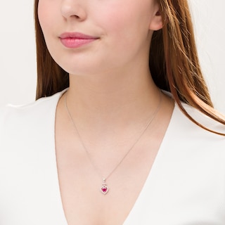 5.0mm Lab-Created Ruby and White Sapphire Frame Double Heart with Crown Drop Pendant in Sterling Silver