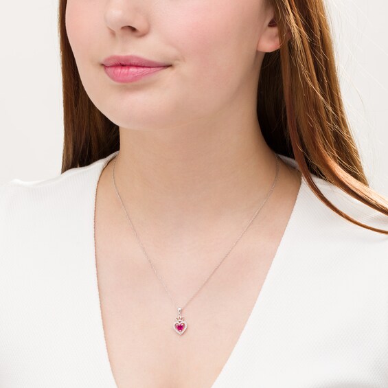 5.0mm Lab-Created Ruby and White Sapphire Frame Double Heart with Crown Drop Pendant in Sterling Silver