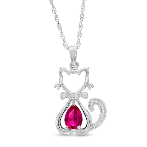 Pear-Shaped Lab-Created Ruby and 0.04 CT. T.W. Diamond Cat with Bow Tie Drop Pendant in Sterling Silver