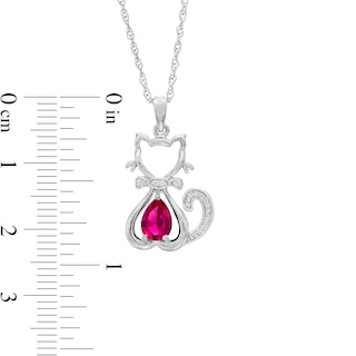 Pear-Shaped Lab-Created Ruby and 0.04 CT. T.W. Diamond Cat with Bow Tie Drop Pendant in Sterling Silver