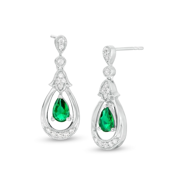 Pear-Shaped Lab-Created Emerald and White Sapphire Open Frame Vintage-Style Drop Earrings in Sterling Silver