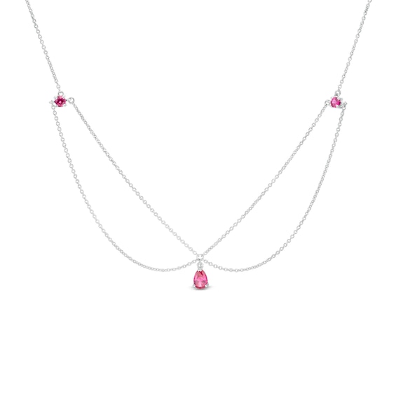 Pear-Shaped and Round Lab-Created Ruby Three Stone Chandelier Anklet in Sterling Silver - 10"