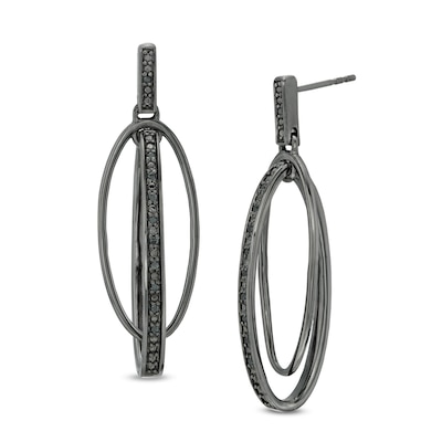 0.086 CT. T.W. Black Diamond Vertical Bar and Oval Drop Earrings in Sterling Silver with Black Rhodium