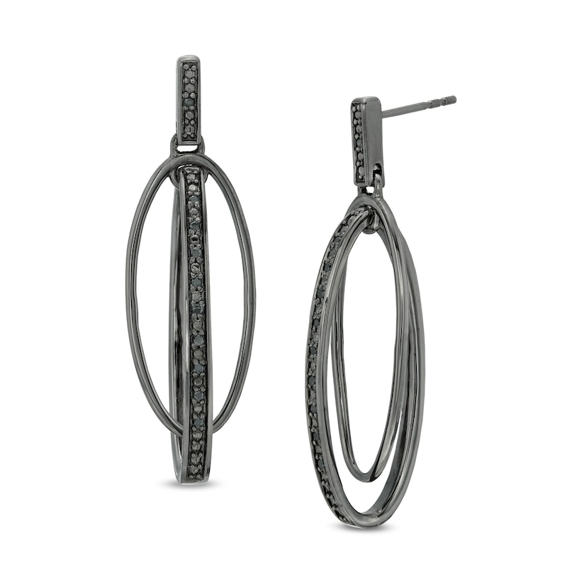 0.086 CT. T.W. Black Diamond Vertical Bar and Oval Drop Earrings in Sterling Silver with Black Rhodium|Peoples Jewellers
