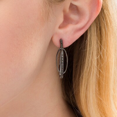 0.086 CT. T.W. Black Diamond Vertical Bar and Oval Drop Earrings in Sterling Silver with Black Rhodium