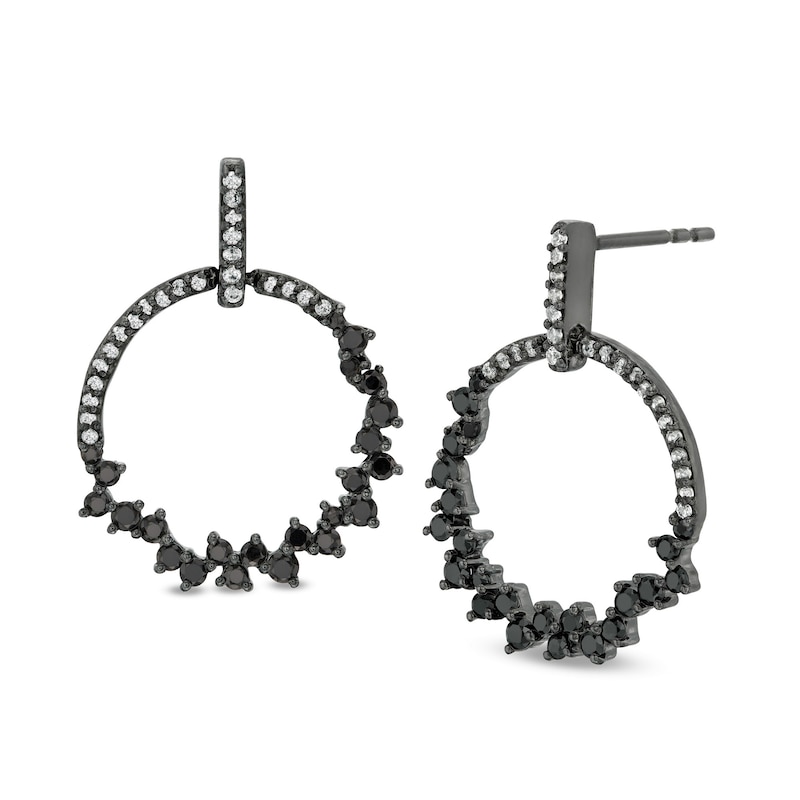 0.58 CT. T.W. Enhanced Black and White Diamond Scatter Circle Drop Earrings in 10K White Gold with Black Rhodium