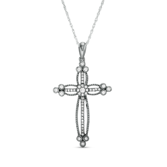 0.18 CT. T.W. Diamond Beaded Cross Pendant in Sterling Silver with Black Rhodium