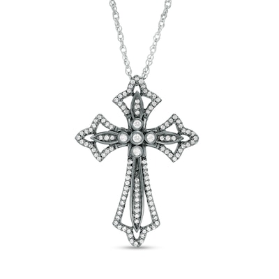 0.37 CT. T.W. Diamond Gothic-Style Flared Cross Pendant in Sterling Silver and Black Rhodium