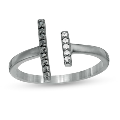 0.085 CT. T.W. Enhanced Black and White Diamond Double Bar Open Ring in Sterling Silver with Black Rhodium