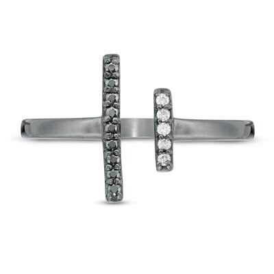 0.085 CT. T.W. Enhanced Black and White Diamond Double Bar Open Ring in Sterling Silver with Black Rhodium