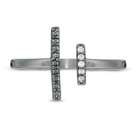 0.085 CT. T.W. Enhanced Black and White Diamond Double Bar Open Ring in Sterling Silver with Black Rhodium