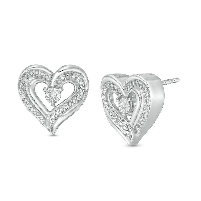 Diamond Accent Beaded Ribbon Heart Stud Earrings in Sterling Silver|Peoples Jewellers