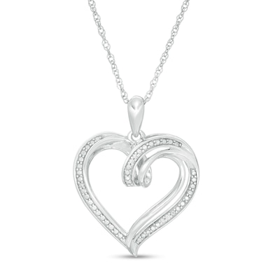 Diamond Accent Double Loop Ribbon Heart Pendant in Sterling Silver