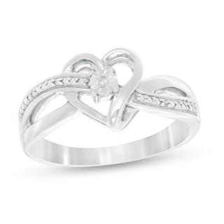 Diamond Accent Ribbon Heart Crossover Ring in Sterling Silver