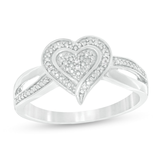 Diamond Accent Beaded Heart Split Shank Ring in Sterling Silver