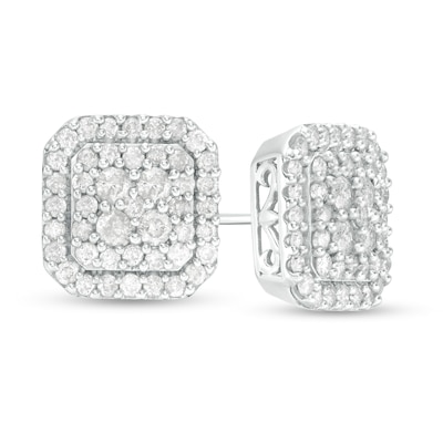 1.23 CT. T.W. Cushion-Shaped Multi-Diamond Frame Stud Earrings in 10K White Gold