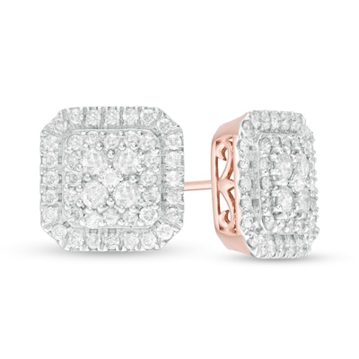 1.23 CT. T.W. Multi-Diamond Cushion Frame Stud Earrings in 10K Rose Gold