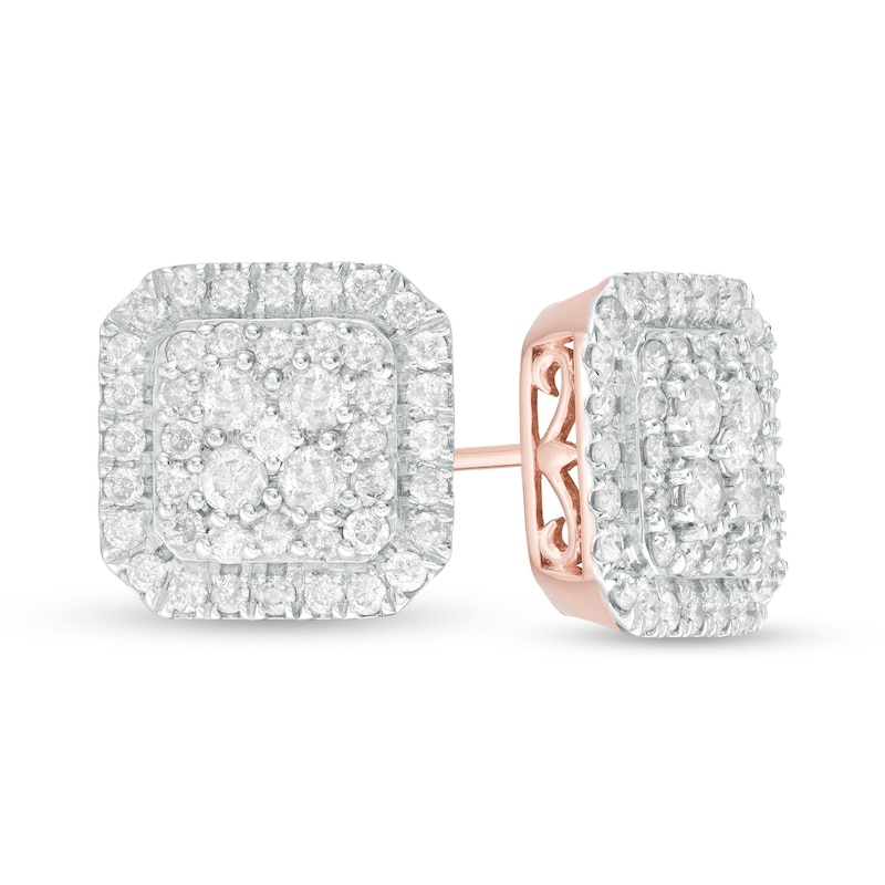 1.23 CT. T.W. Multi-Diamond Cushion Frame Stud Earrings in 10K Rose Gold|Peoples Jewellers