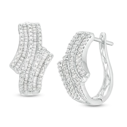 1.23 CT. T.W. Baguette and Round Diamond Multi-Row Bypass Hoop Earrings in 10K White Gold