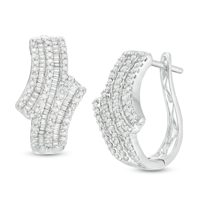 1.23 CT. T.W. Baguette and Round Diamond Multi-Row Bypass Hoop Earrings in 10K White Gold