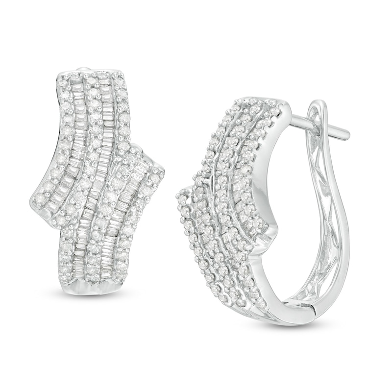 1.23 CT. T.W. Baguette and Round Diamond Multi-Row Bypass Hoop Earrings in 10K White Gold|Peoples Jewellers