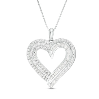 0.95 CT. T.W. Baguette and Round Diamond Double Row Heart Pendant in 10K Gold