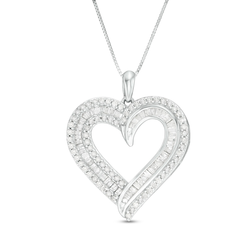 0.95 CT. T.W. Baguette and Round Diamond Double Row Heart Pendant in 10K Gold|Peoples Jewellers