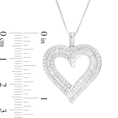 0.95 CT. T.W. Baguette and Round Diamond Double Row Heart Pendant in 10K Gold