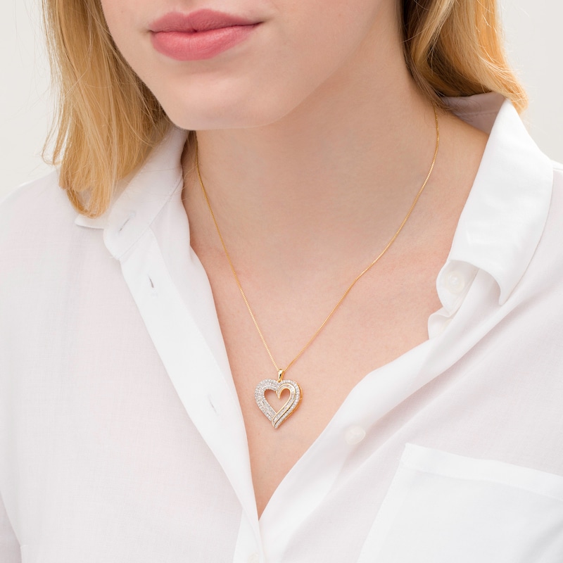 Main Image 2 of 0.95 CT. T.W. Baguette and Round Diamond Double Row Heart Pendant in 10K Gold