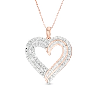 0.95 CT. T.W. Baguette and Round Diamond Double Row Heart Pendant in 10K Rose Gold