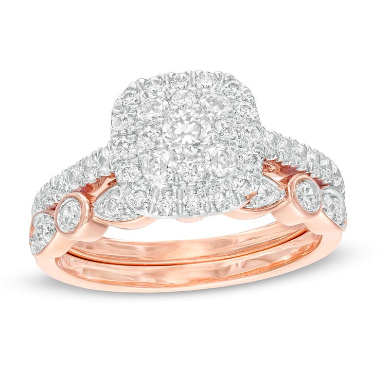 Main Image 1 of 0.95 CT. T.W. Composite Cushion-Shaped Diamond Art Deco Bridal Set in 10K Rose Gold