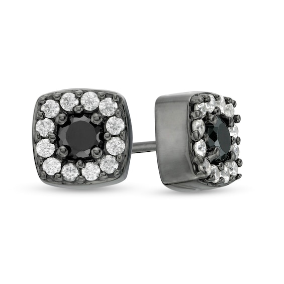 0.37 CT. T.W. Enhanced Black and White Diamond Cushion Frame Stud Earrings in 10K White Gold with Black Rhodium