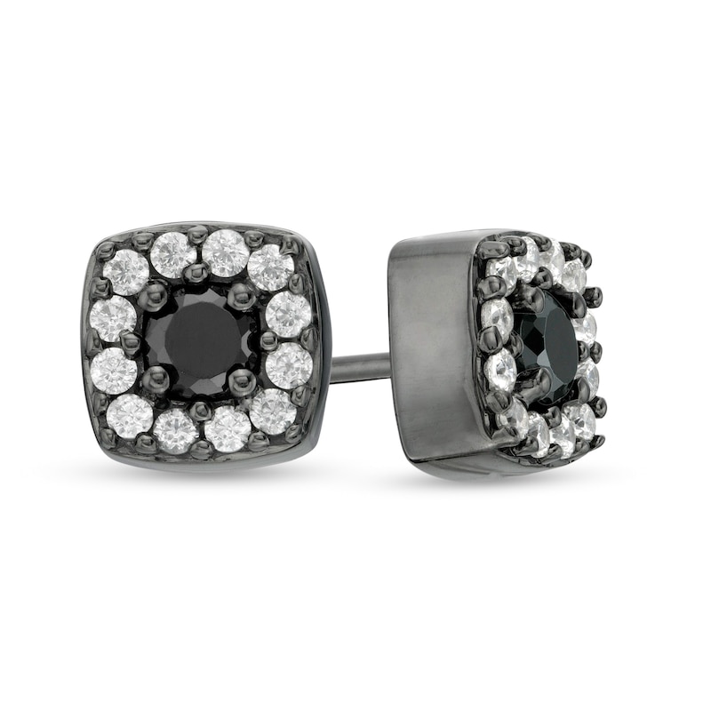 0.37 CT. T.W. Enhanced Black and White Diamond Cushion Frame Stud Earrings in 10K White Gold with Black Rhodium|Peoples Jewellers