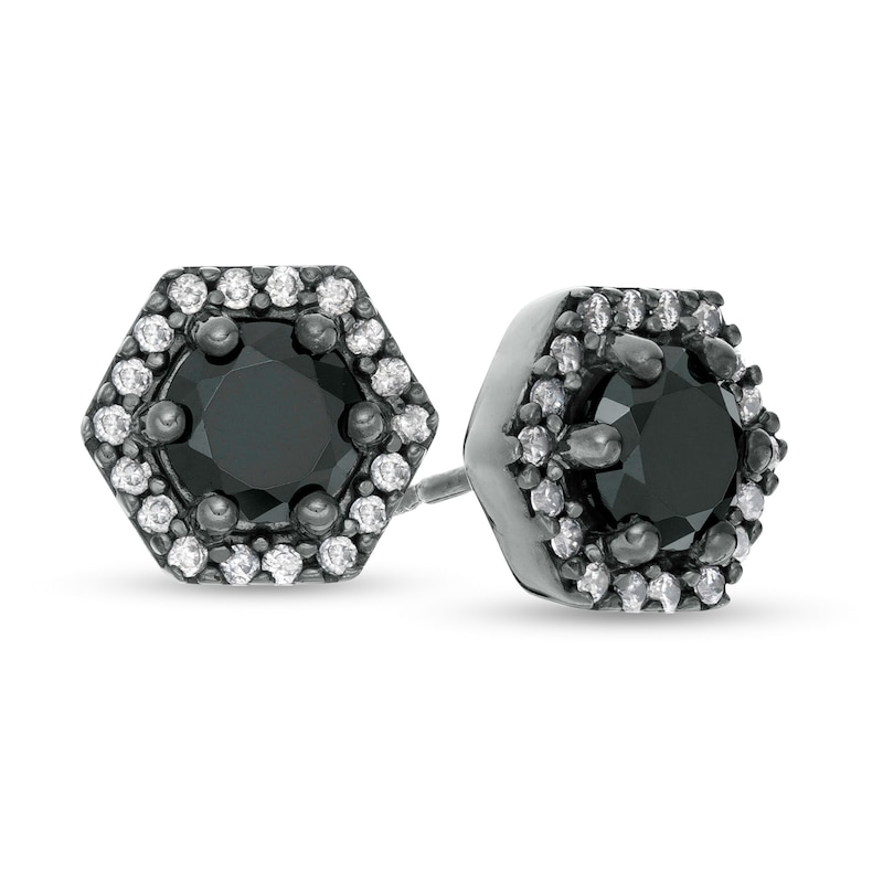1.37 CT. T.W. Enhanced Black and White Diamond Hexagonal Frame Stud Earrings in 10K White Gold with Black Rhodium|Peoples Jewellers