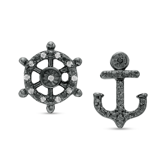 0.065 CT. T.W. Diamond Helm and Anchor Mismatch Stud Earrings in Sterling Silver with Black Rhodium