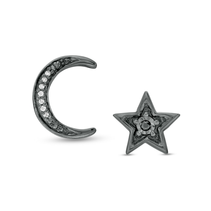 Black and White Diamond Accent Moon and Star Mismatch Stud Earrings in Sterling Silver with Black Rhodium|Peoples Jewellers