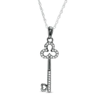 0.117 CT. T.W. Diamond Clover-Top Key with Heart Pendant in Sterling Silver and Black Rhodium