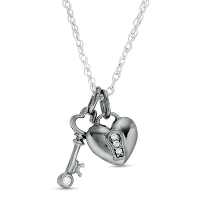 Diamond Accent Heart Lock and Key Pendant in Sterling Silver with Black Rhodium