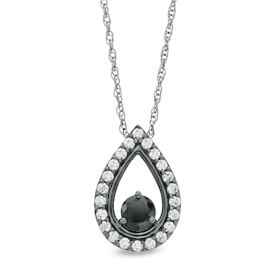 0.95 CT. T.W. Enhanced Black and White Diamond Teardrop Frame Pendant in 10K White Gold with Black Rhodium