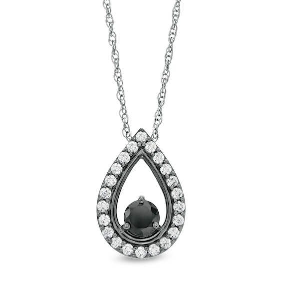 0.95 CT. T.W. Enhanced Black and White Diamond Teardrop Frame Pendant in 10K White Gold with Black Rhodium