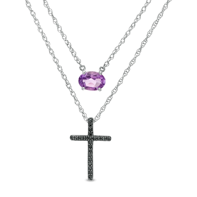 Oval Amethyst and 0.085 CT. T.W. Black Diamond Cross Double Strand Necklace in Sterling Silver
