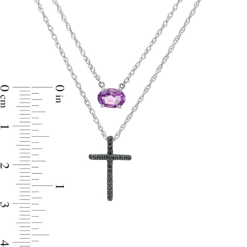 Oval Amethyst and 0.085 CT. T.W. Black Diamond Cross Double Strand Necklace in Sterling Silver