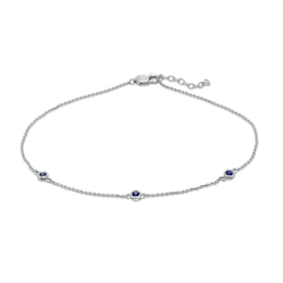 Bezel-Set Lab-Created Blue Sapphire Three Stone Station Anklet in Sterling Silver - 10&quot;