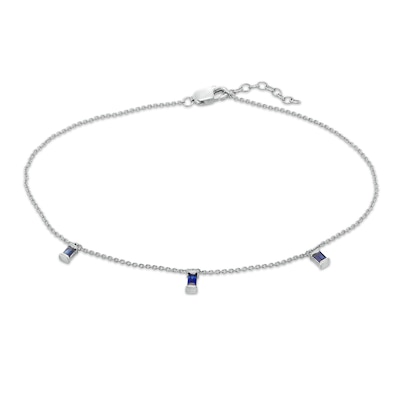 Baguette Lab-Created Blue Sapphire Three Stone Charm Station Anklet in Sterling Silver - 10"